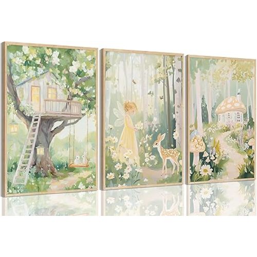 Baby Girl Nursery Canvas Wall art Cute Woodland Fairy Posters Fantasy Forest Animals Pictures Wall Decor Magic Mushroom Tree House Bunny Deer Watercolor Paintings Prints for Girls Room Bedroom Decor