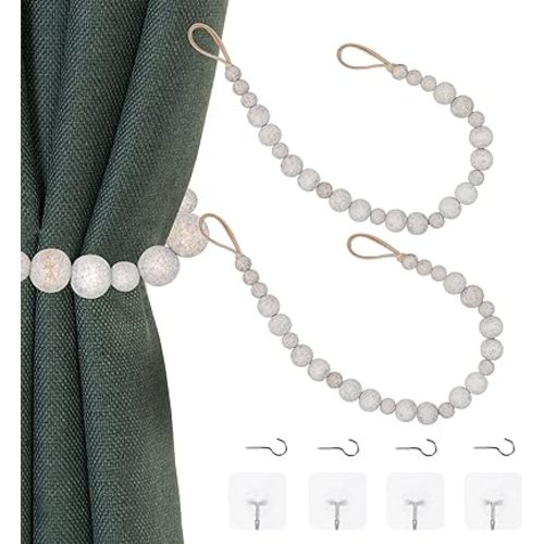 OCIOLI 2 Pieces Wood Bead Curtain Tieback Boho Curtain Tiebacks Curtain Holdbacks for Wall Curtain Ties Window Treatment Curtain Tie Backs with Hooks Curtain Pull Backs (Whitewashed Color, 2) (C-1)