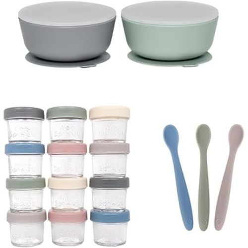 WeeSprout Baby Feeding Bundle - Glass Food Storage Jars - 2 Silicone Suction Bowls - 3 Soft-Tip Baby Spoons - Microwave & Dishwasher Safe - Infant to Toddler Mealtime Kit