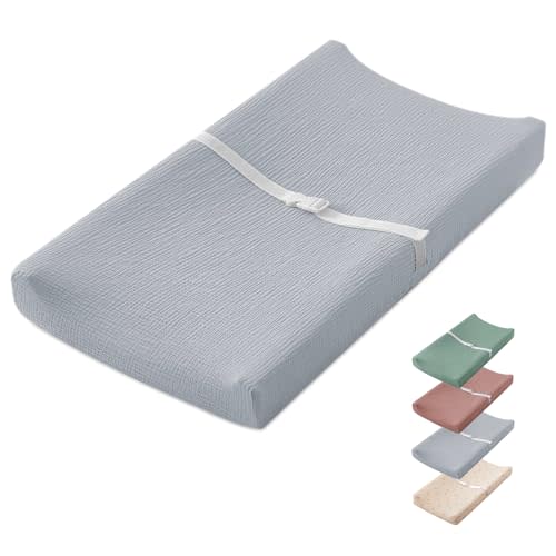 Blissful Diary Muslin Baby Changing Pad with Waterproof Lining Foam, Diaper Changing Table Pad with Cover for Dressers (Gray, Rectangular)