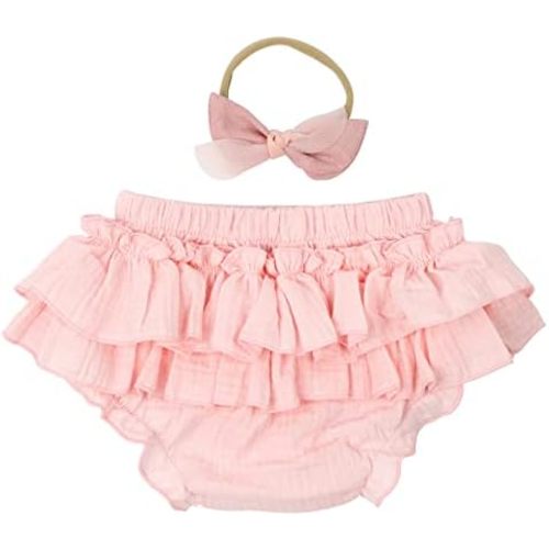 HOOLCHEAN Baby Girls Cotton Gauze Ruffle Bloomer Shorts with Bowknot Headband