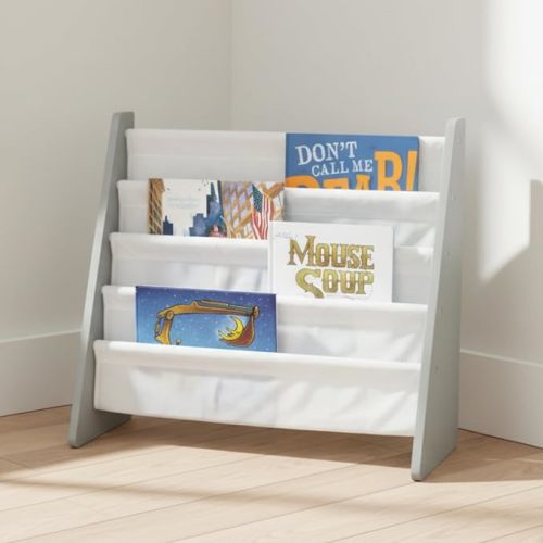 Humble Crew Kids Bookshelf, Montessori Front Facing Toddler Bookcase 4 Tier | Book display rack and reading nook organizer, nylon pockets show covers face out, compact for any playroom or bedroom space