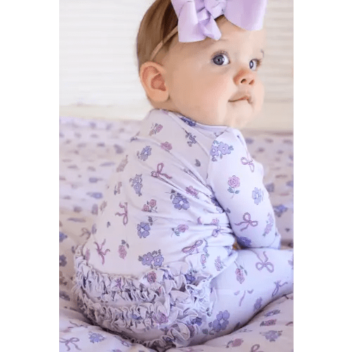 Ribbon & Roses Ruffle Zipper Footie | Purple