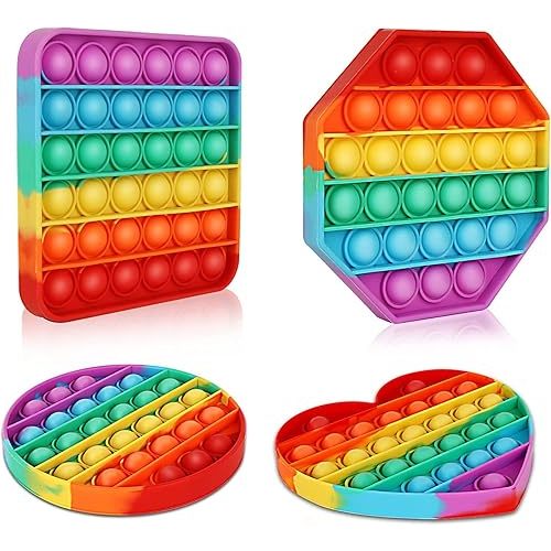Multipurpose 4 Pack Rainbow Pop it Fidget Toy, Bubble Sensory Toy for Kids and Adults, Stress Reliever, 4 Shapes Poppers-Heart, Circle, Octagon, Square Pressure Relieving
