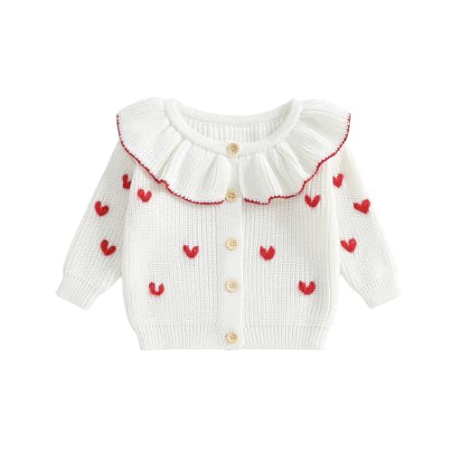 Toddler Girl Valentines Day Outfit Heart Embroidery Knit Cardigan | Cozy Knit Cardigan with Heart Embroidery, Ruffle Collar, and Button-Up Design, Perfect for Valentine's Day and Spring Outings