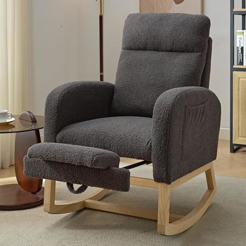 NIOIIKIT Modern Nursery Rocking Chair, Teddy Upholstered Rocking Chair with Footrest, Comfortable Rocker Recliner with Side Pocket, Rocker Glider for Living Room, Bedroom, Nursing Room (Apricot)