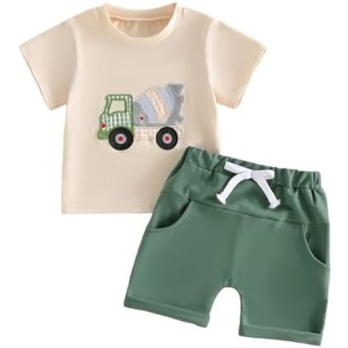 FOCUSNORM Toddler Baby Boy Summer Clothes Excavator Embroidery Short Sleeve T-Shirt Elastic Waist Shorts Set 2 Piece Outfit
