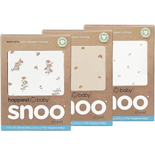 Happiest Baby SNOO Bassinet Fitted Sheet - 100% Organic Cotton Nursery Bedding - Fits SNOO Sleeper Crib Mattress - 3-Pack Bundle (Ivory Wildflowers, Ivory Cherries, Tan Rainbows)