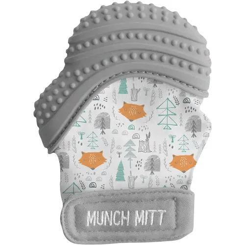 Malarkey Kids Patented Teething Mitten, Munch Mitt Baby Chew Toy - Protects Hands from Chewing & Saliva, Heals Aching Gums, Promotes Sound & Visual Stimulation for Babies - Grey Fox