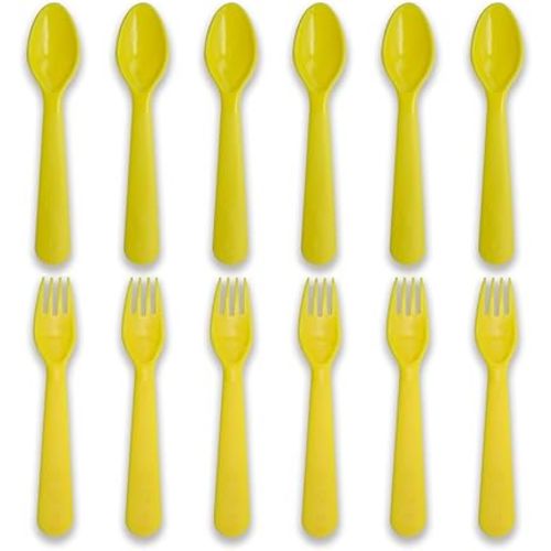 12 Pcs Kids Spoons and Forks Toddler Utensils Plastics Reusable Silverware Baby Cutlery Set Feeding Dinnerware Utensils BPA Free Microwave Dishwasher and Freezer Safe- Light Yellow