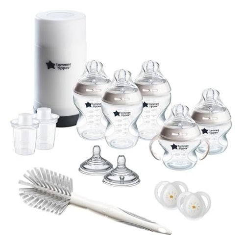 Tommee Tippee Natural Start 14 Piece Baby Bottle, Travel Bottle Warmer & Pacifier Set, 5 BPA Free Bottles, 0+ Months, 2 Newborn Pacifiers, 2 Extra Nipples, 2 Formula Dispensers, Bottle Brush, Pink
