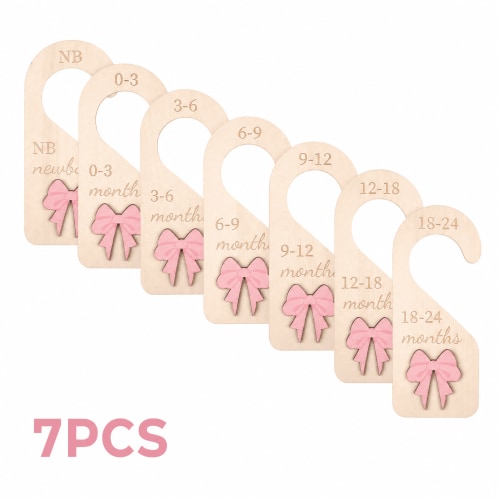 7 Pcs Wooden Closet Dividers Set - Double-Sided Pink Bow Pattern, Unisex Baby Clothes Organizers, Perfect for Baby Showers, Birthdays, Mother's Day Gifting And Nursery Organization