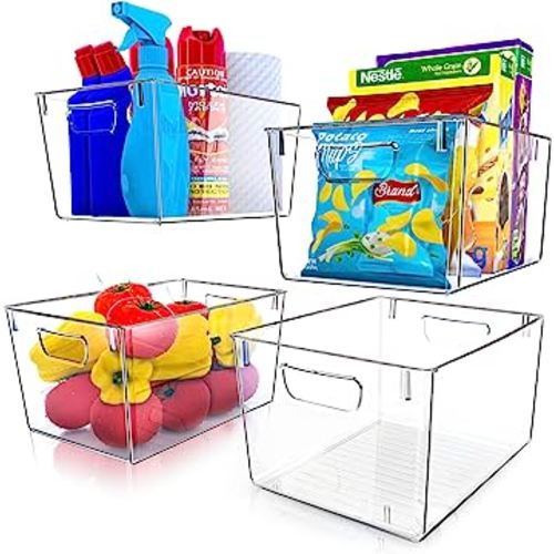 Utopia Kitchen Caddy Pantry Organization and Storage Bins - Set of 4 Large Pantry Organizer Bins - Storage Organizing Bins - Fridge Organizer with Built in Handles. Clear