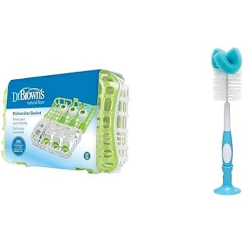 Dr. Brown's Dishwasher Basket for Small Baby Bottle Parts, Pacifiers, and Accessories, Clean & Reusable Sponge Baby Bottle Cleaning Brush with Suction Cup Stand