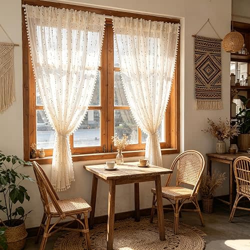 Faux Linen Colorful Pom Pom Sheer Curtains Light Filtering Voile Drapes