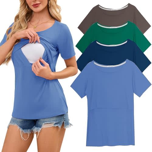 Smallshow Women's Nursing Tops Ribbed Short Sleeve Breastfeeding Shirts 4 Pack