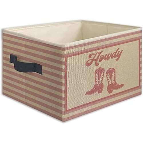 Pink Western Howdy Foldable Storage Bins Box with Handles, Cowgirl Boots Western Nursery Striped Collapsible Toys Books Clothes Organizer Basket for Girl Nursery Room Bedroom Bathroom