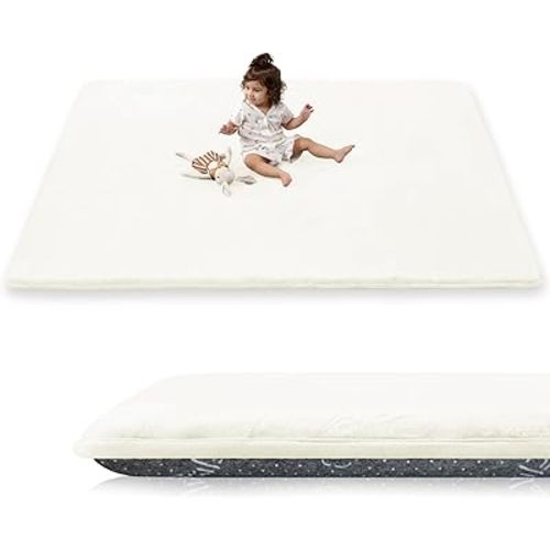 1.5" Thick Baby Play Mat for Floor, 59x79 Playpen Mat, Pro Soft Flannel Foam Mats Toddler Infant Kids Crawling for Nursery Rug Playroom Living Room Waterproof Easy Care Non-Slip (Cream)