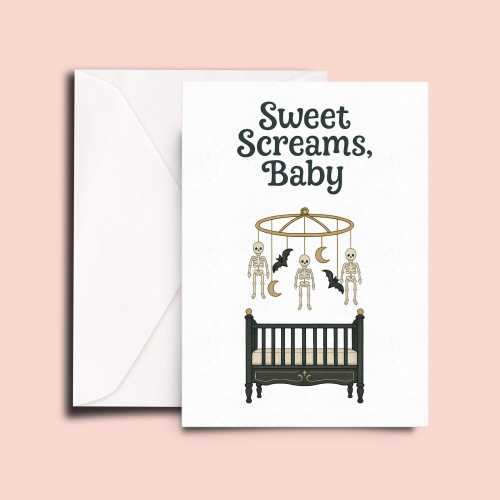 Sweet Screams Baby Card, Spooky Cute Baby Shower Card, Gothic New Baby Greeting, Skeleton Nursery Card, Halloween Baby Card