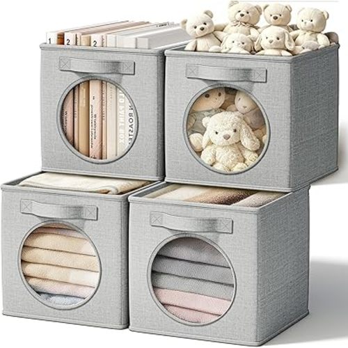 Vailando Ultra Thick Fabric Foldable Storage Bins with Mesh Window - 13 Inch Cube Storage Organizer for Clothes, Shelves, Offices, Toys & Misc, Light Gray, 4 Pack