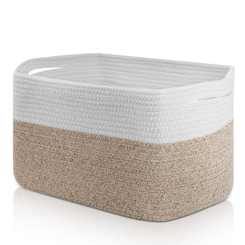 Large Blanket Basket, 22"x12"x17"(75L) Rectangle Woven Baskets for Storage, Cotton Rope Basket For Living Room, Toy Basket with Handle, Basket for Organizing(Brown&White)