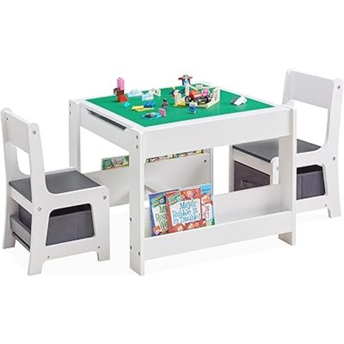 Kids Table and Chair Set, 3 in 1 Wooden Activity Table with Bookshelves and Storage Drawer, 2 in 1 Detachable Tabletop Construction Play Table Set for Drawing, Reading