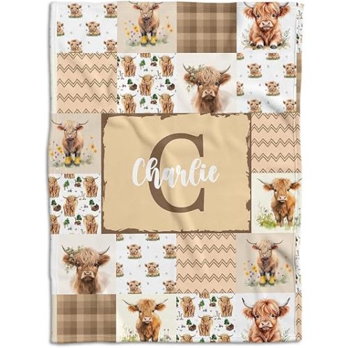 Highland Cow Baby Blanket - Personalized With Name or Initial for Girls and Boys, Custom Baby Stuff (Brown)