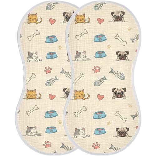 Muslin Burp Cloths Pet Dog Cat Beige Print Cotton Baby Burp Cloths 2 Pack Ultra Soft Burping Cloth Absorbent Spit Up Rags for Newborn Babies Boys Girls 22"x11"