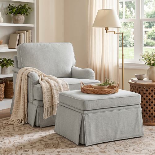Chenille Swivel Accent Chair Storage Ottoman Set with Nailhead Trim Skirt