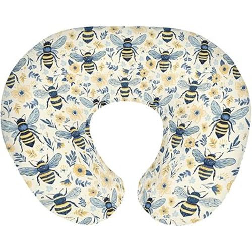 Bees Flowers Nursing Pillow Covers for Boy Girl Vintage Bees Boho Wildflowers Nursery Slipcover for Breastfeeding Pillows Bee Floral Spring Summer Soft Stretchy Removable Covers for Newborn Infant