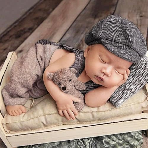 Ylsteed Newborn Boy Photoshoot Outfits 2Pcs Newborn Photography Outfits Girl Baby Photography Props Newborn Gentleman Suit Photography Outfits Boy Suspender Pants with Beret 0-3 Months (Coffee Color)