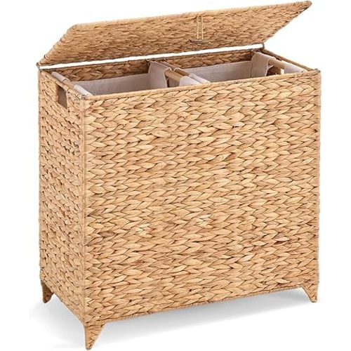 Handwoven Large Laundry Hamper with Lid and 2 Removable Liner Bags, Heightened Feet Natural Hyacinth Clothes Hamper,Wicker Laundry Basket for Clothes and Towels