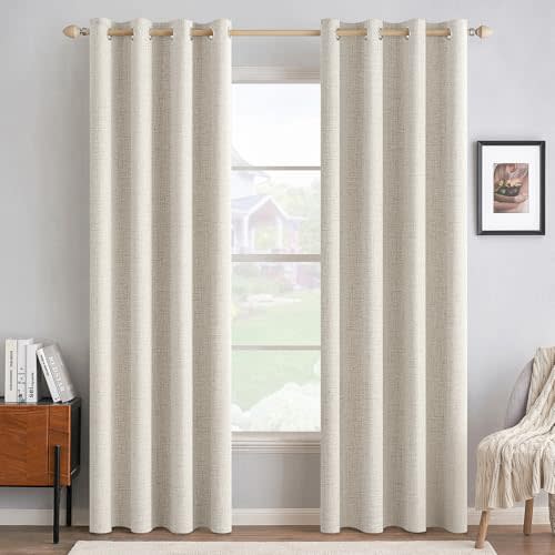 MIULEE 100% Blackout Linen Curtains for Bedroom 52x84 Inches Birch | Room Darkening, Light Blocking, Thermal Insulated, Grommet Top, Linen Textured, Window Curtains for Living Room, 2 Panels