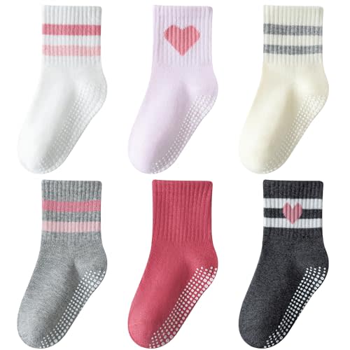 Wamvp Toddler Grip Socks with Non-Slip, Unisex Baby Retro Stripe Seamless Crew Ankle Cotton Socks for Girls Boys 6 Pairs