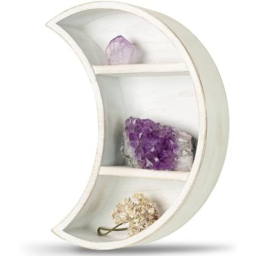 LABEND HOME Moon Shaped Shelf for Crystals - Crescent Moon Shelf Wall Mounted - Half Moon Shelf for Crystal Display, Stones, Trinkets - Reversible Boho Spiritual Décor for Bedroom - White Rustic Wood