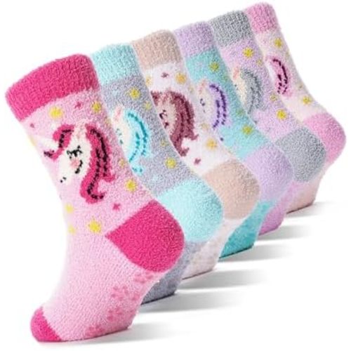 EBMORE Girls Kids Toddler Fuzzy Socks with Grips Non Slip Slipper Socks Crew Cabin Cozy Fluffy Warm Winter Socks 6 Pairs