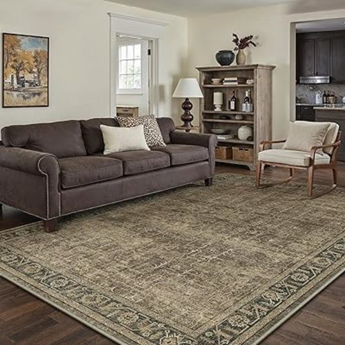 5x7 Washable Area Rug Brown Vintage Living Room Bedroom Indoor Carpet Distressed Retro Non Slip Low Pile Soft Throw Rug for Dining Room Office Under Table Dorm Decor