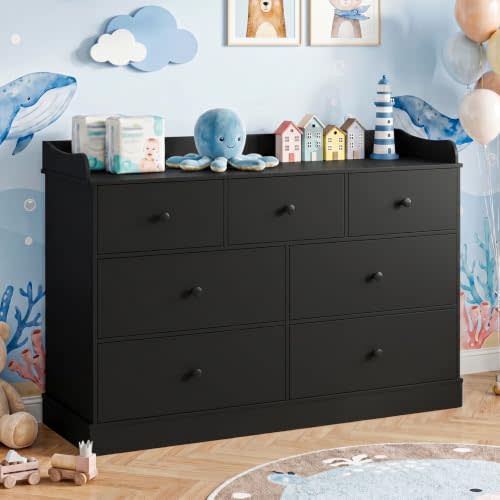 Kids Dresser Cabinet with 7 Drawers, Black Chest of Drawers | Baby Dresser, Kids Dresser for Closet with Raised Edge for Nursery, Kids Bedroom Furniture for Child’s Room
