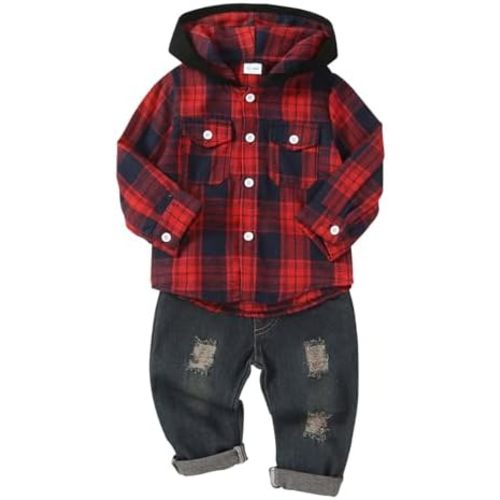 Toddler Baby Boy Fall Winter Clothes Long Sleeve Plaid Hooded Sweatshirt Ripped Holes Jeans Set 1-5 Years Old