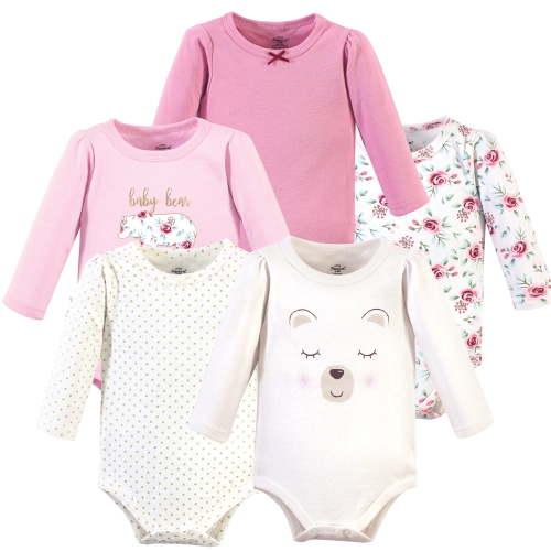 Luvable Friends Little Treasure Long-Sleeve Bodysuits 5pk, Pink Bear Blossoms, 6-9M