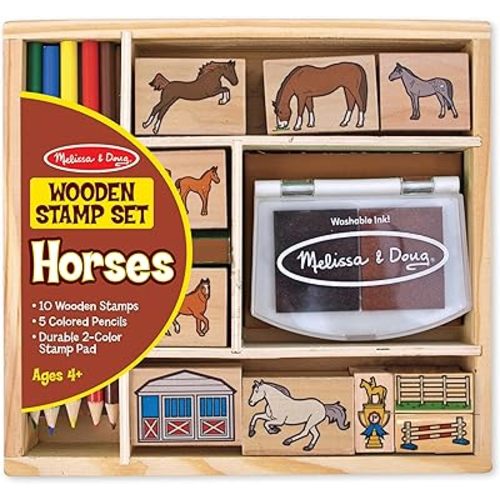 Melissa & Doug Wooden Stamp Activity Set: Horse Stable - 10 Stamps, 5 Colored Pencils, 2-Color Stamp Pad