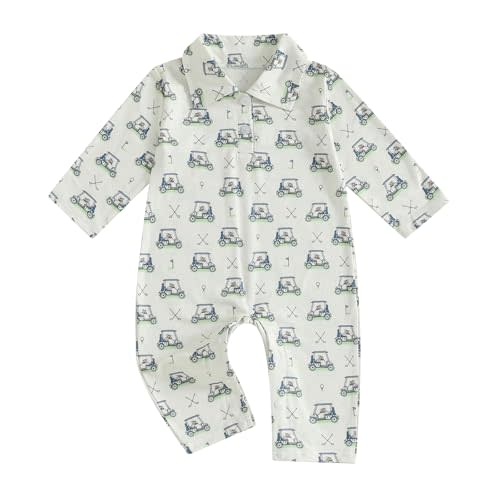 Thorn Tree Baby Boy Golf Outfit Golf Cart Print Romper Turn Down Collar Buttons Long Sleeve Infant Newborn Fall Clothes