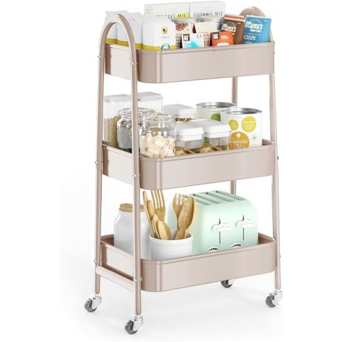 EAGMAK 3 Tier Utility Rolling Cart, Metal Storage Cart with Handle and Lockable Wheels, Multifunctional Storage Organizer Trolley with Mesh Baskets for Kitchen, Living Room, Office, Garage (Beige)