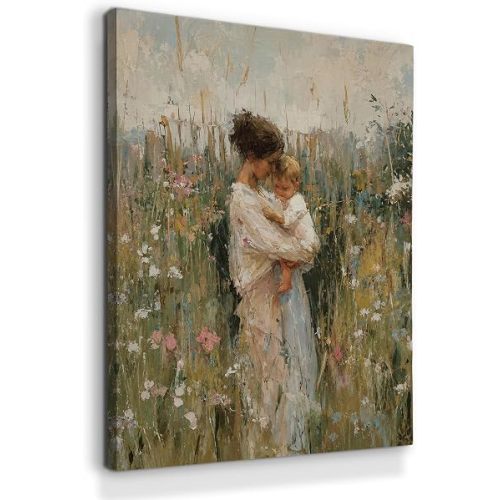 laveliabel Vintage Mother and Child Floral Nursery Canvas Wall Art, Country Cottagecore Wildflower Wall Art Prints, Impressionist Motherhood Paintings Walls Decor for Home Kids Room Bedroom, 11x14in