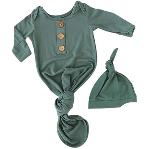 Caden Lane Newborn Knotted Gown with Hat, Soft Bamboo Viscose Baby Sack, Unisex Infant Breathable Night gown