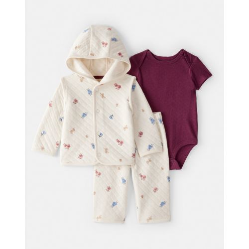 Baby Girl 3-Piece Floral Quilted Jacket Outfit Set - Maroon/Cream | Carter's