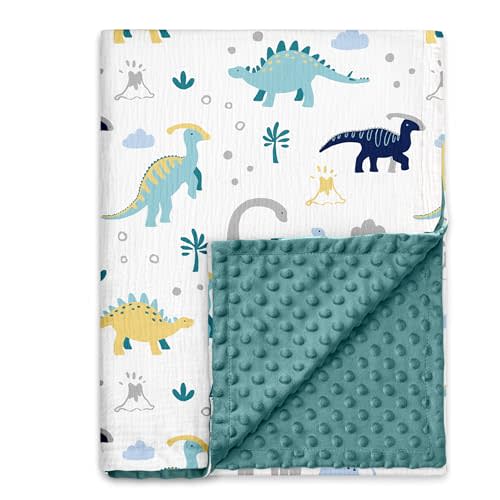 GLLQUEN BABY Muslin Baby Blankets for Boys & Girls, 2-Layer Toddler Blanket | Cotton Top with Dotted Fleece Back, Soft Receiving Blanket for Nursery Stroller Crib, 30''x40'', Dinosaur