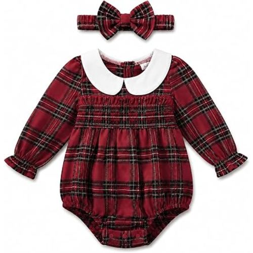 Renotemy Baby Girl Clothes Smocked Bubble Romper with Headband Peter Pan Collar Infant Fall Winter Outfit for Preemie Newborn