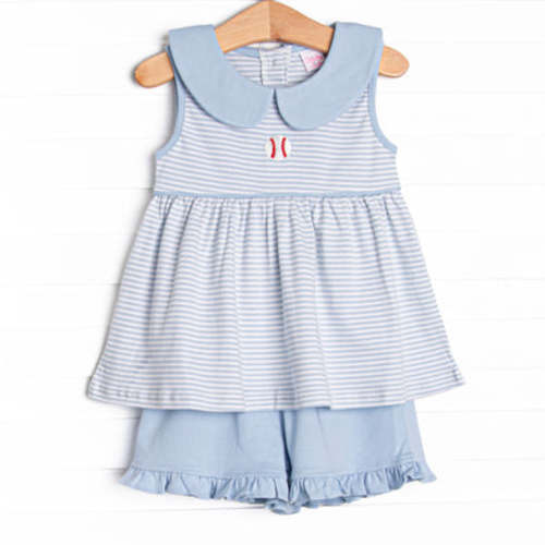 Baseball Pima Embroidered Ruffle Short Set, Blue – Stitchy Fish