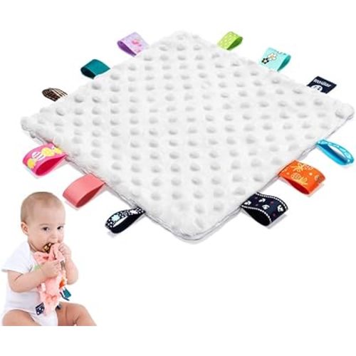 Baby Tags Security Blankets - Baby Soothing Plush Blanket with Colorful Tags, 10"x10" Square Sensory Toys, Lovey for 3 Months+ Babies Boys and Girls (Grey)